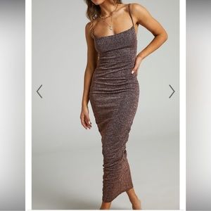 Showpo Brown Shimmery Ruched Midi Bodycon Dress